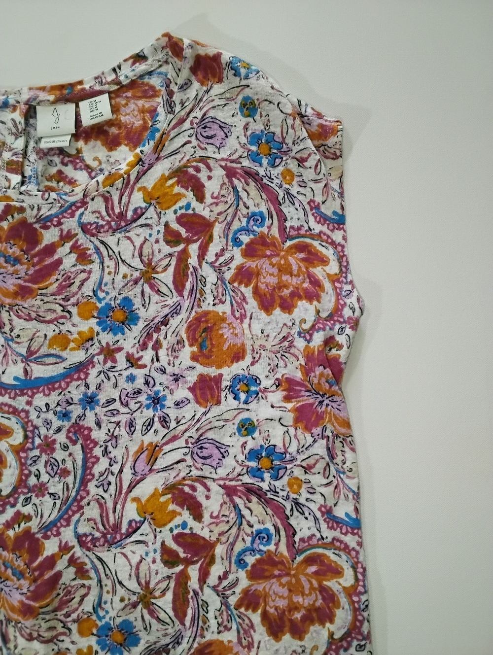 Joie 100% Linen Top Womens Medium White Pink Orange Tropical Floral Boho Luxury - Picture 6 of 8